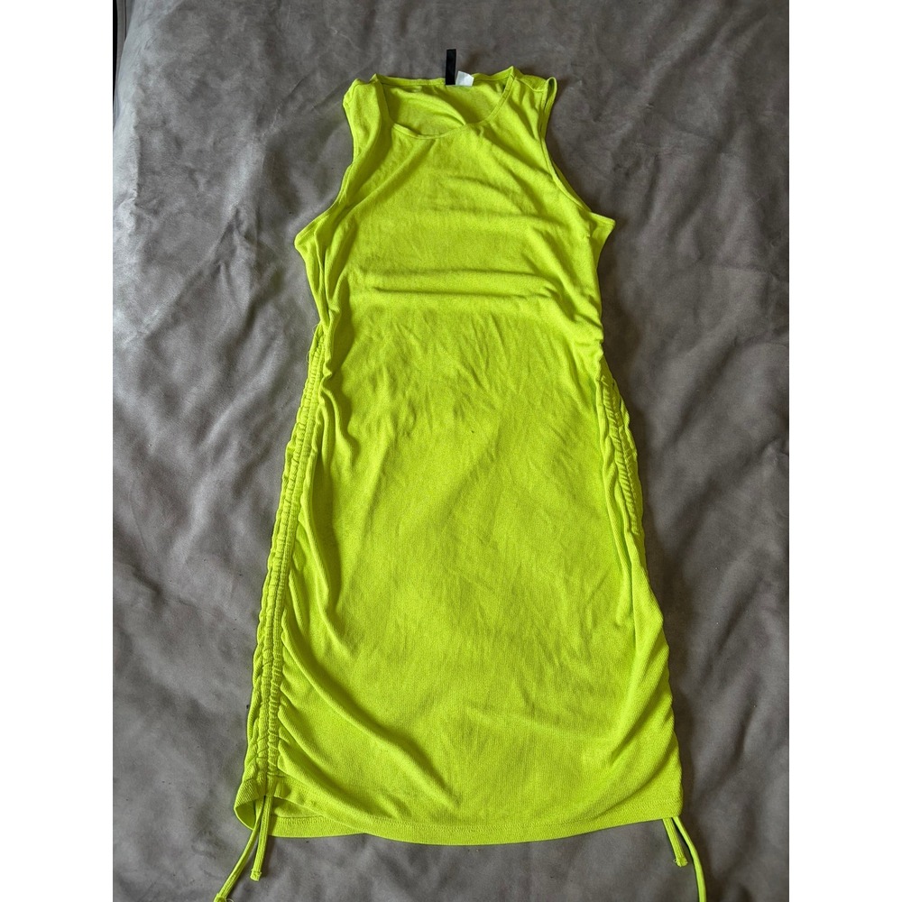 H&M Divided Neon Yellow Ruched Side Ribbed Mini Dress Sleeveless Medium